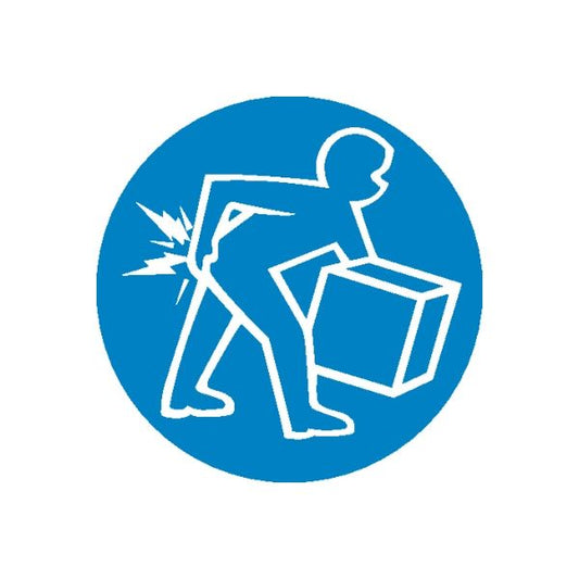 Blue safety sign vinyl sticker: white worker holding box with impact marks