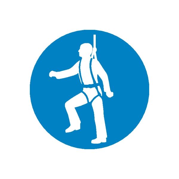 Blue circular safety sign sticker with white worker figure