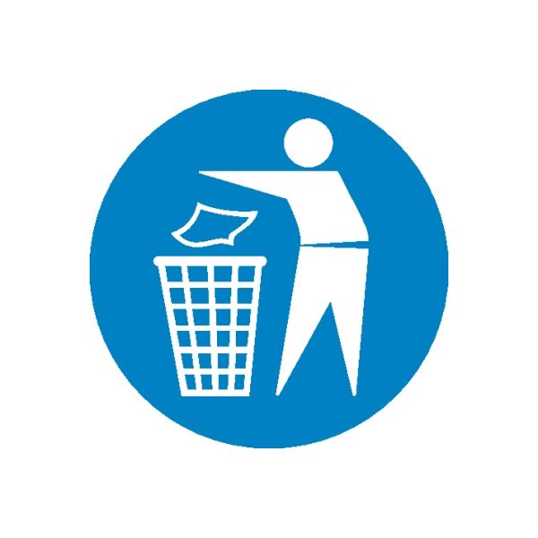 Vinyl safety sign sticker, blue circle with white worker and trash can icon