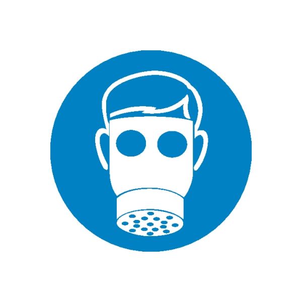 Safety gas mask sign vinyl sticker, white worker face on blue circle