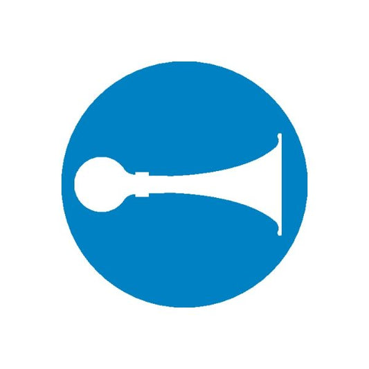 Blue circular vinyl sticker with white plug or outlet symbol