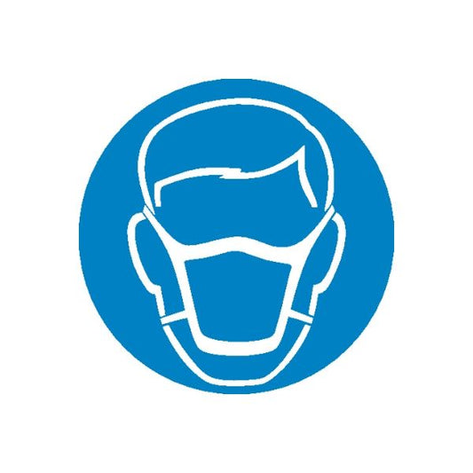 Safety sign vinyl sticker: blue circle with white face mask outline