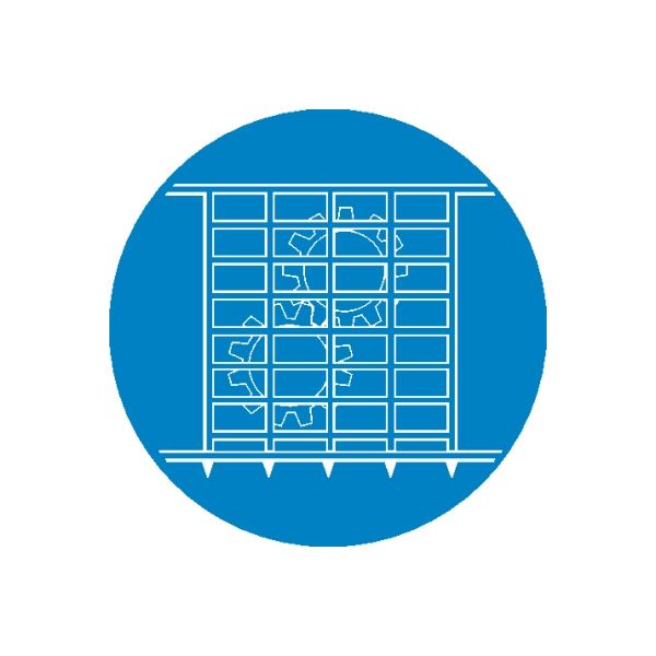 Blue circular safety sign sticker with white hazard grid design
