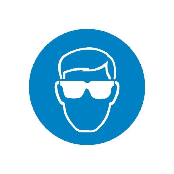 Blue circular safety sign sticker with white face and protective eyewear