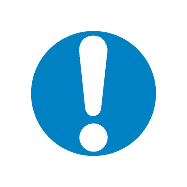 Safety warning sticker: blue circle with white exclamation mark