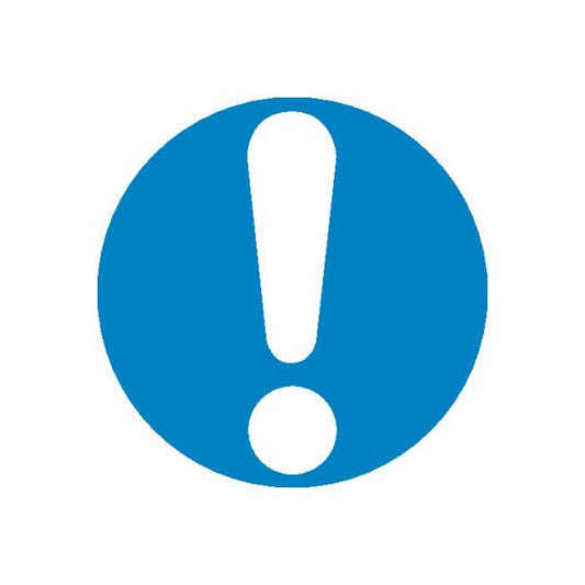 Safety warning sticker: blue circle with white exclamation mark