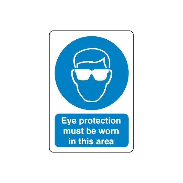 Blue safety sign sticker with goggles and text: Eye protection must be worn
