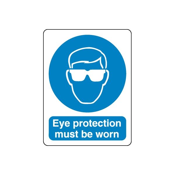 Eye protection safety sign vinyl decal: blue goggles icon, 'Eye protection must be worn'