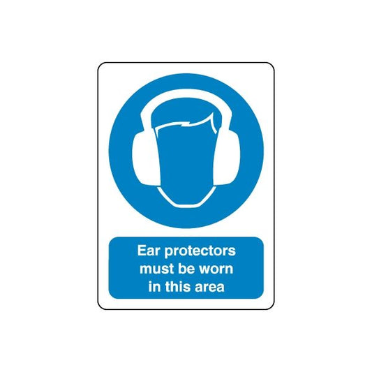 Safety sign decal with blue ear protection icon and 'Ear protectors must be worn in this area'