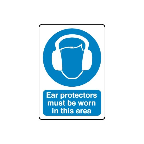 Blue ear-protector safety sign sticker with text: Ear protectors must be worn