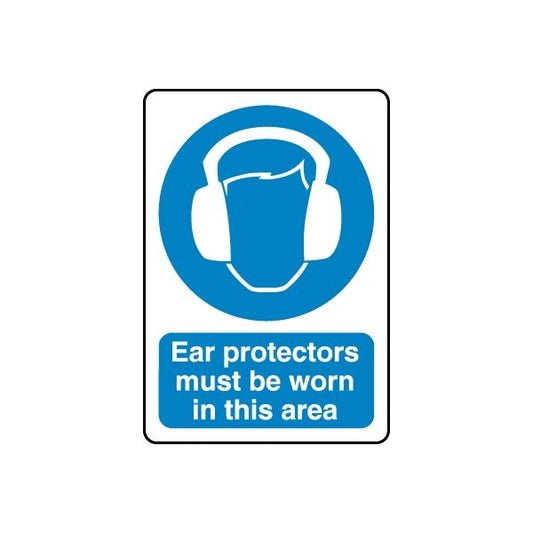 Blue ear-protector safety sign sticker with text: Ear protectors must be worn