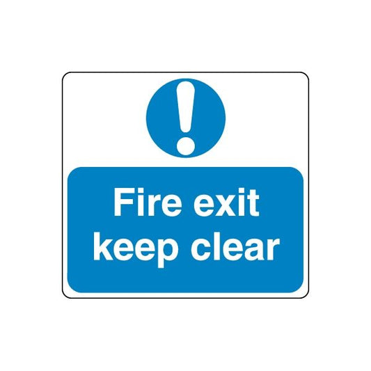 Fire exit safety sign decal, blue with white exclamation and 'Fire exit keep clear'