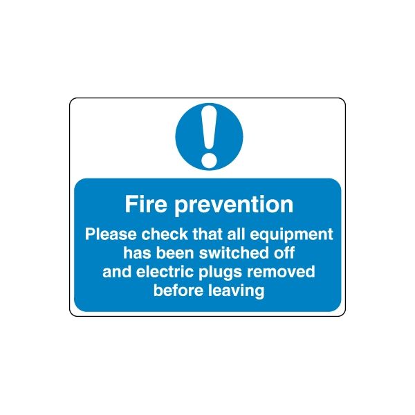 Fire prevention safety sign vinyl decal with blue text and exclamation mark