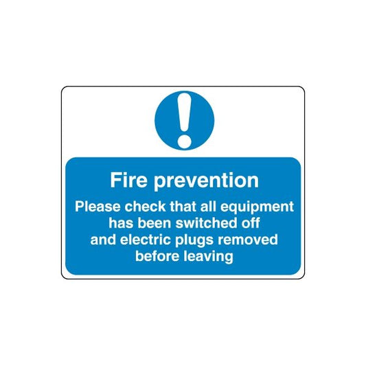 Fire prevention safety sign vinyl decal with blue text and exclamation mark