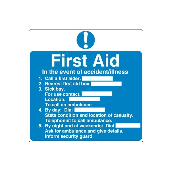 Blue First Aid safety sign wall decal with exclamation icon and white text