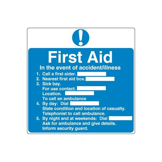 Blue First Aid safety sign wall decal with exclamation icon and white text