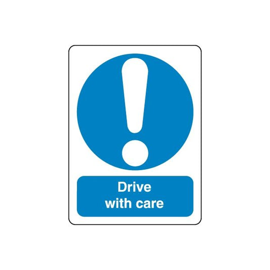 Safety sign wall decal sticker: blue exclamation with 'Drive with care' text