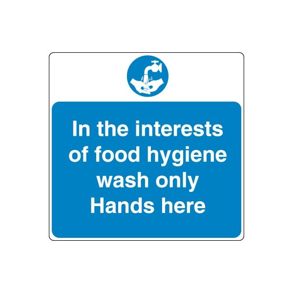 Safety sign wall decal, blue with white hygiene wash-only and hands-here text