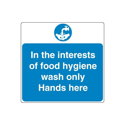Safety sign wall decal, blue with white hygiene wash-only and hands-here text