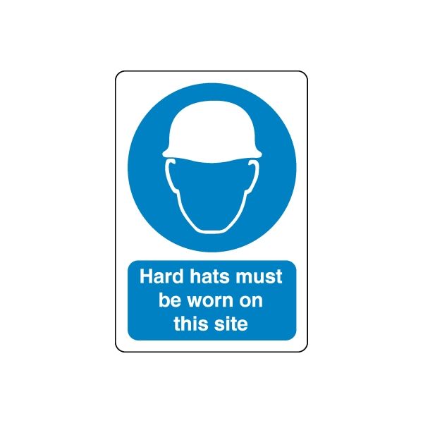 Safety sign decal with blue hard hat icon and text: Hard hats must be worn on this site