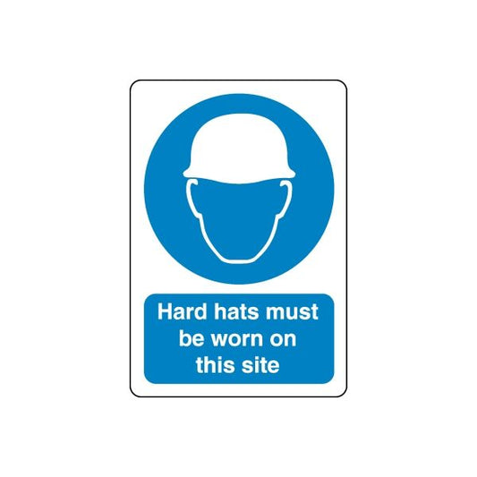 Safety sign decal with blue hard hat icon and text: Hard hats must be worn on this site