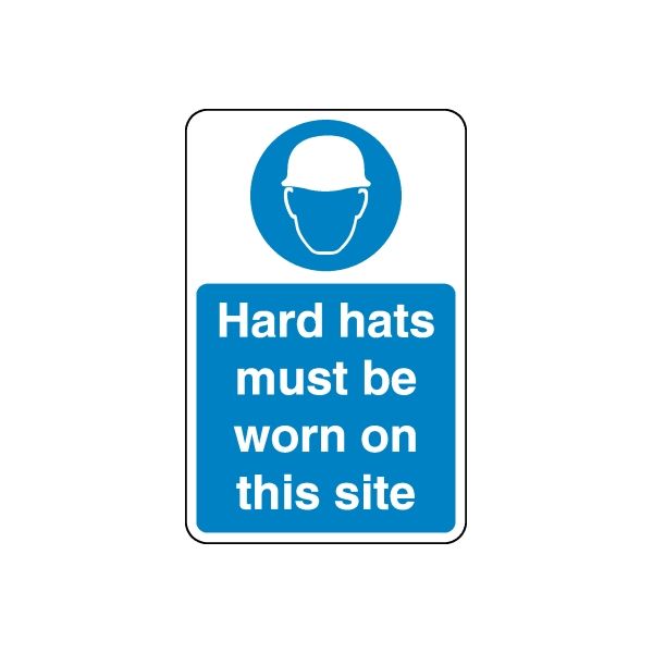 Blue hard hat safety sign wall decal: 'Hard hats must be worn on this site'