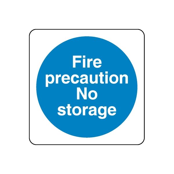 Safety sign vinyl decal: blue circle with white text 'Fire precaution No storage'