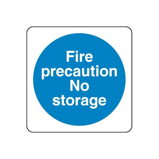 Safety sign vinyl decal: blue circle with white text 'Fire precaution No storage'