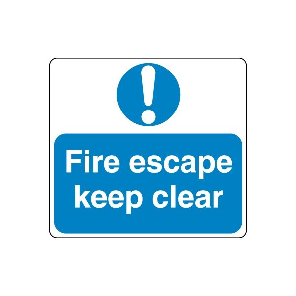 Fire escape keep clear safety sign wall decal with white exclamation on blue
