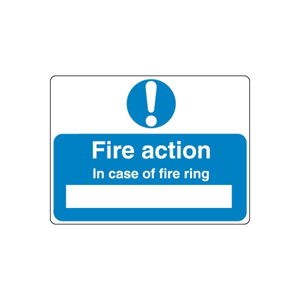 Blue fire action safety sign decal with exclamation icon and message text