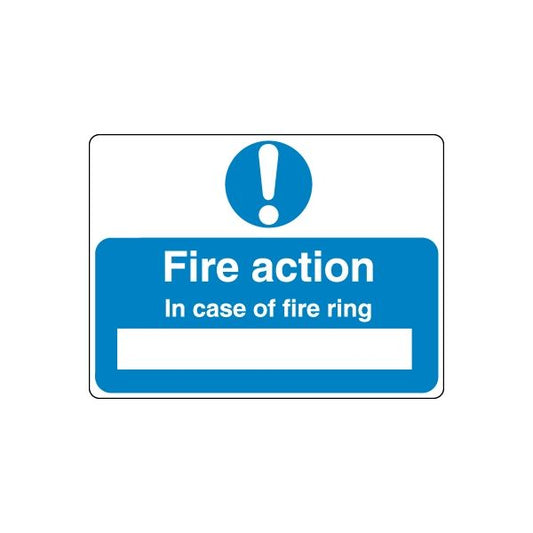 Blue fire action safety sign decal with exclamation icon and message text