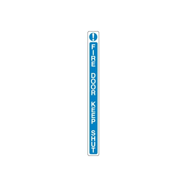 Fire door safety sticker, blue vertical design with white text and exclamation symbol