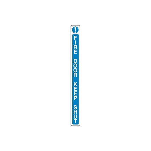 Fire door safety sticker, blue vertical design with white text and exclamation symbol