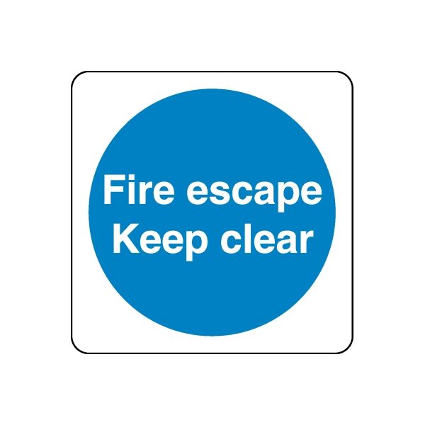 Safety sign decal: square white sticker with blue circle text Fire escape Keep clear