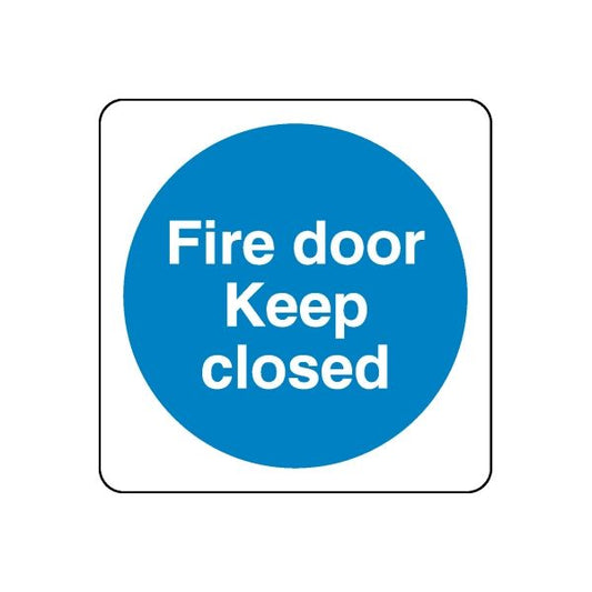 Safety sign wall decal: blue circle sticker with Fire door keep closed text