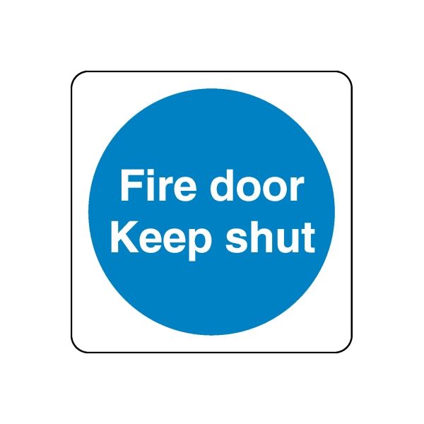 Safety sign decal: blue circle text 'Fire door Keep shut'