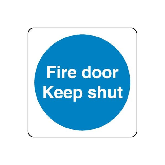 Safety sign decal: blue circle text 'Fire door Keep shut'