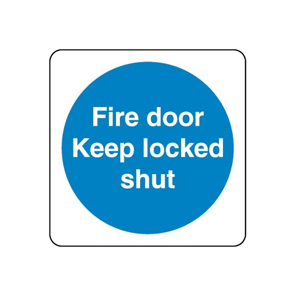 Safety sign wall decal sticker with blue circle and white text: “Fire door Keep locked shut”