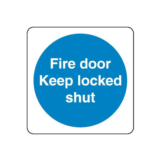 Safety sign wall decal sticker with blue circle and white text: “Fire door Keep locked shut”
