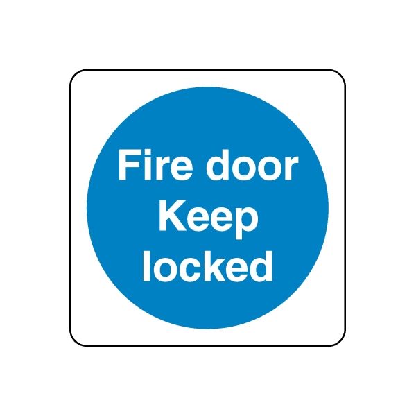 Safety sign sticker with blue circle text Fire door keep locked