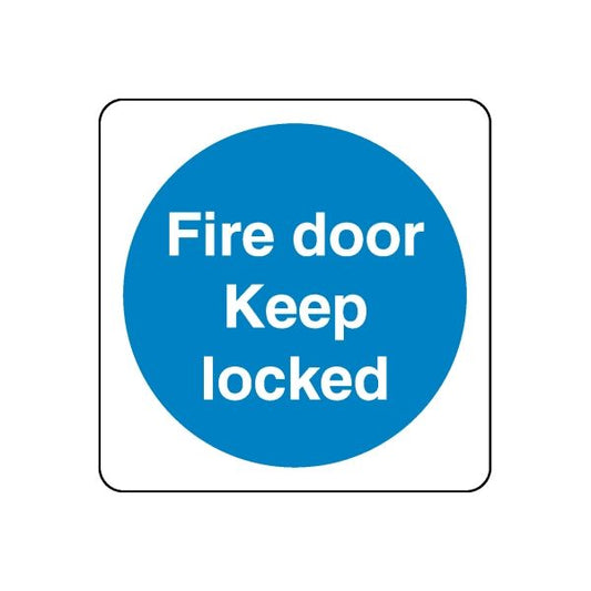 Safety sign sticker with blue circle text Fire door keep locked