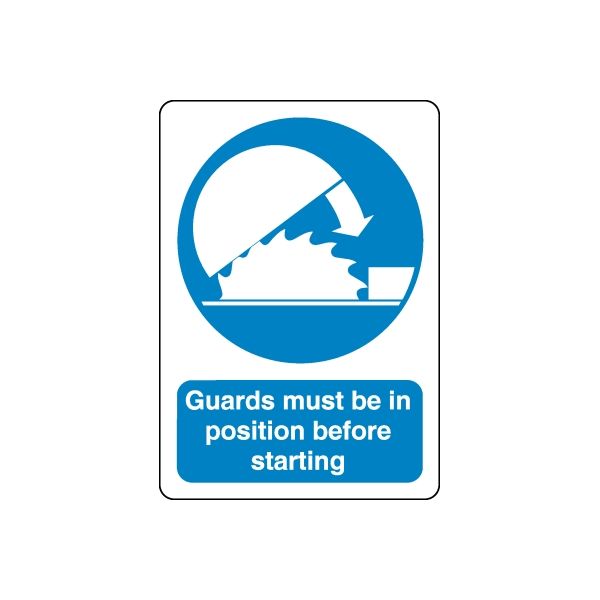 Blue safety sign wall decal with guard icon and text: Guards must be in position before starting