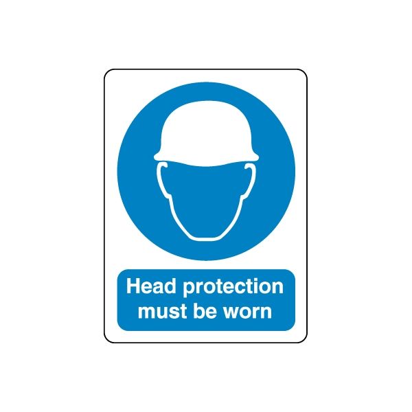 Safety sign decal: blue hard hat icon with 'Head protection must be worn' text