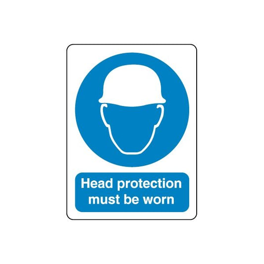 Safety sign decal: blue hard hat icon with 'Head protection must be worn' text
