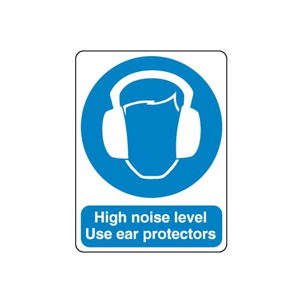 Safety sign vinyl sticker: blue ear protector icon, 'High noise level' 'Use ear protectors'