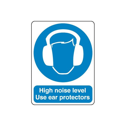 Safety sign vinyl sticker: blue ear protector icon, 'High noise level' 'Use ear protectors'