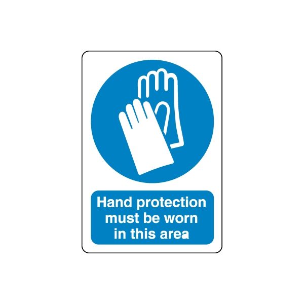 Safety sign vinyl decal with blue hand icon and 'Hand protection must be worn' text