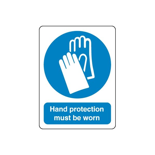 Safety sign vinyl decal with blue hand protection icon and text: Hand protection must be worn