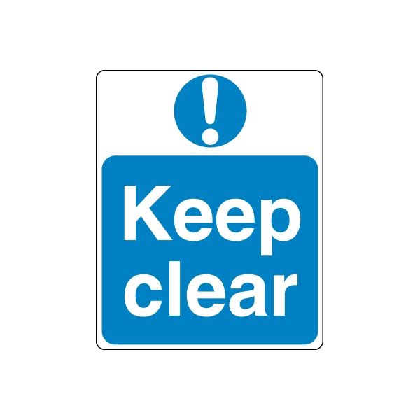 Blue safety sign wall decal with “Keep clear” text and exclamation symbol