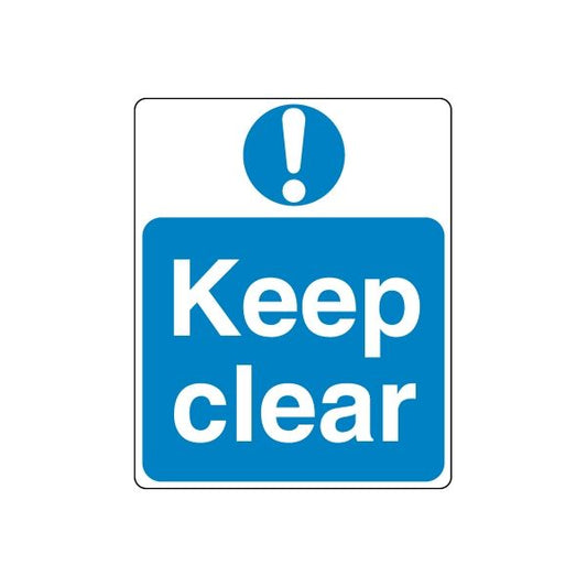 Blue safety sign wall decal with “Keep clear” text and exclamation symbol